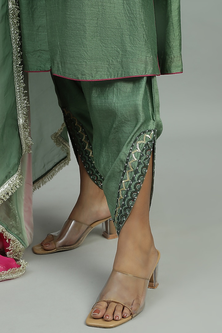 Green Pure Chanderi Sequins Embroidered Button-Down Kurta Set by Siyona By Ankurita at Pernia's Pop Up Shop