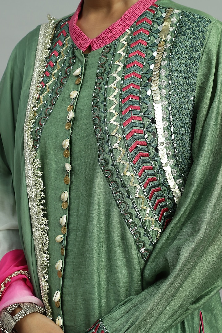 Green Pure Chanderi Sequins Embroidered Button-Down Kurta Set by Siyona By Ankurita at Pernia's Pop Up Shop