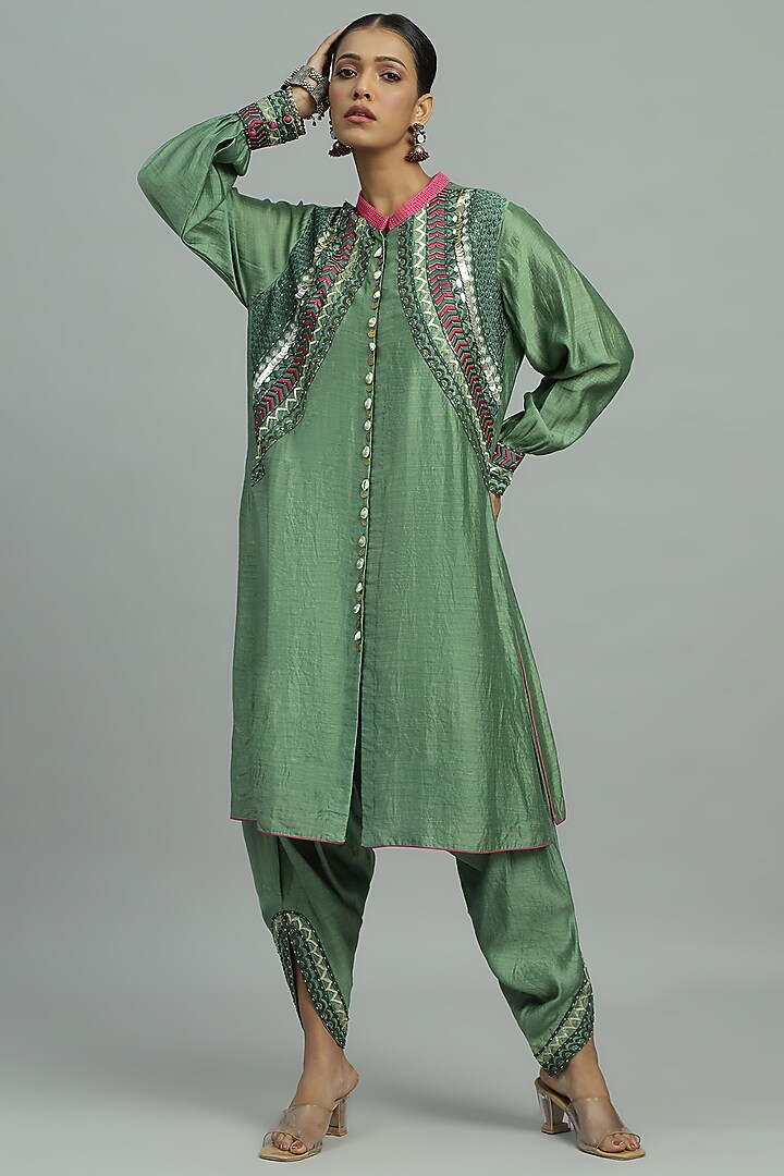 Green Pure Chanderi Sequins Embroidered Button-Down Kurta Set by Siyona By Ankurita at Pernia's Pop Up Shop
