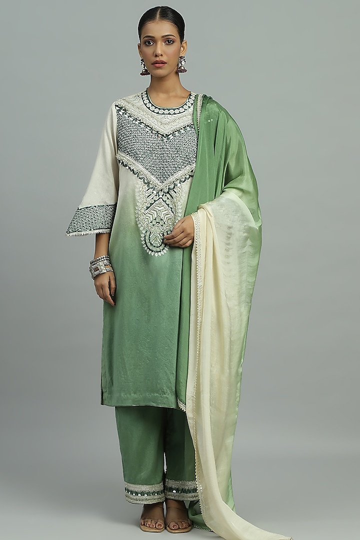 Green Pure Chanderi Sequins Embroidered Ombre Kurta Set by Siyona By Ankurita