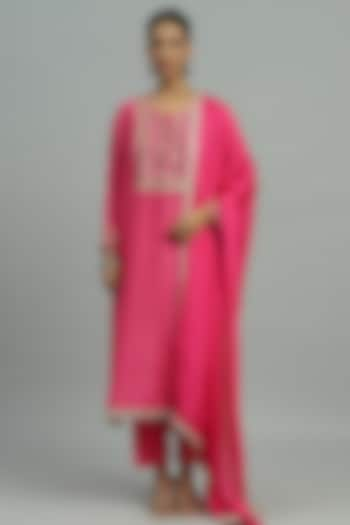 Pink Pure Chanderi Sequins Embroidered Kurta Set by Siyona By Ankurita