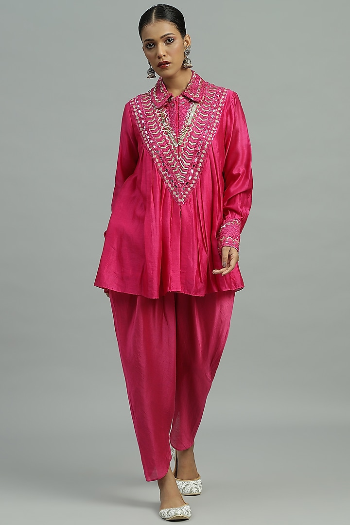 Pink Pure Chanderi Silk Sequins Embroidered Peplum Kurta Set by Siyona By Ankurita