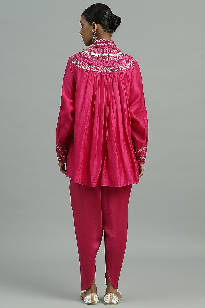 Pink Pure Chanderi Silk Sequins Embroidered Peplum Kurta Set by Siyona By Ankurita at Pernia's Pop Up Shop