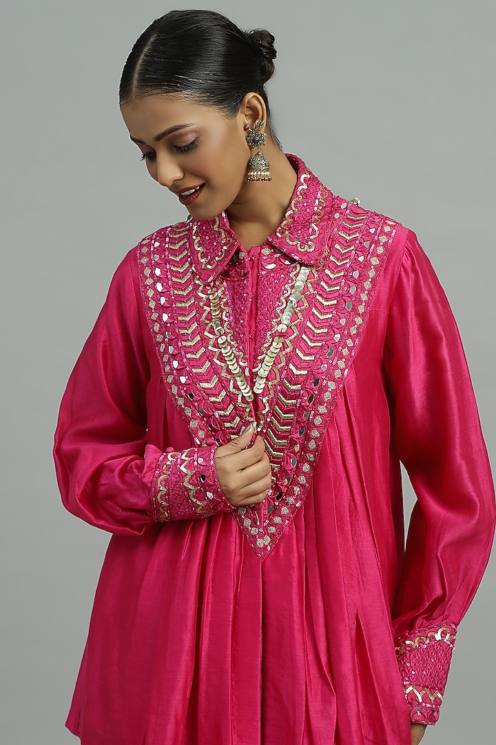 Pink Pure Chanderi Silk Sequins Embroidered Peplum Kurta Set by Siyona By Ankurita at Pernia's Pop Up Shop