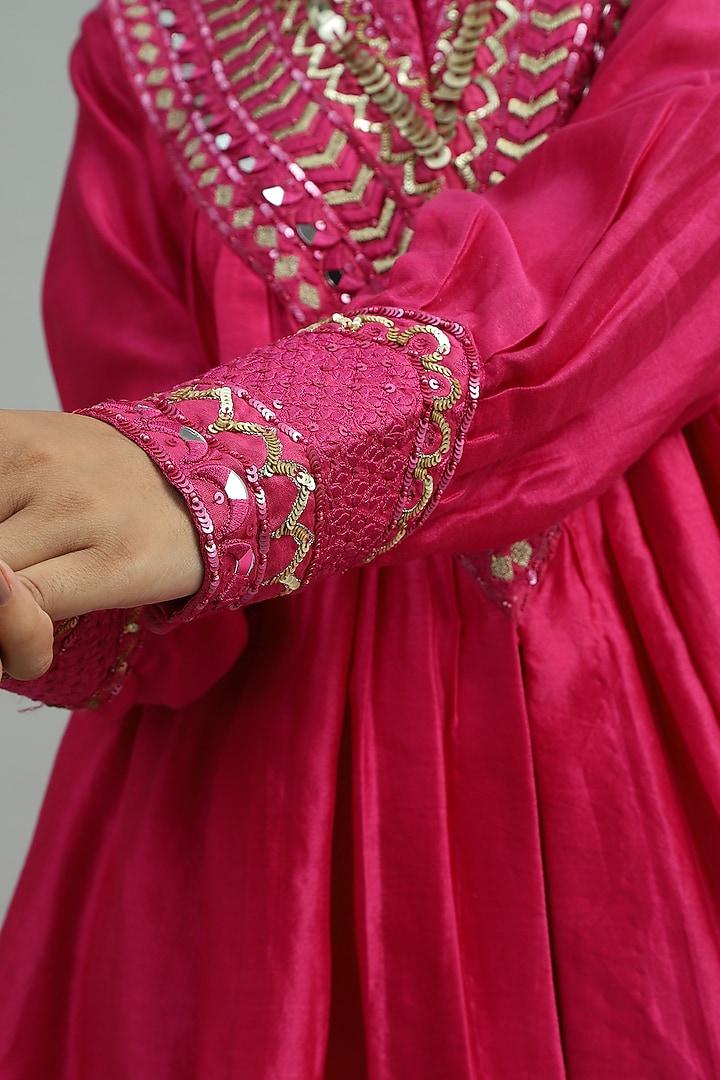 Pink Pure Chanderi Silk Sequins Embroidered Peplum Kurta Set by Siyona By Ankurita at Pernia's Pop Up Shop