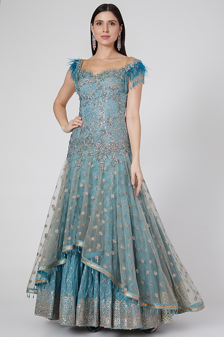 Sky Blue Sequins Embroidered Layered Mermaid Gown by Saaj By Ankita