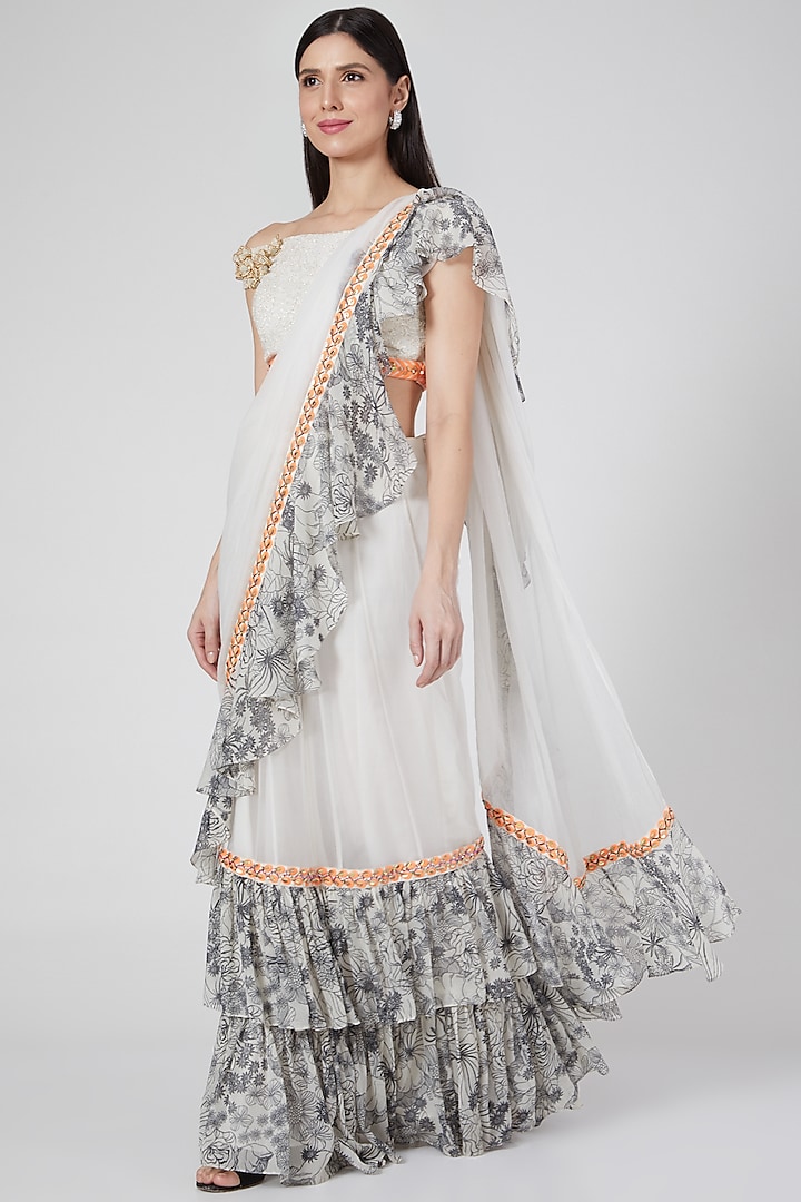 White Printed & Ruffled Pre-Stitched Saree Set by Saaj By Ankita