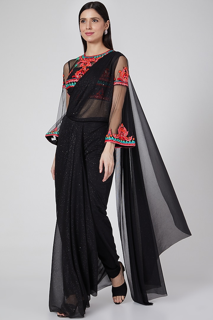 Black Glitter Jersey Lycra Pre-Stitched Pant Saree Set by Saaj By Ankita