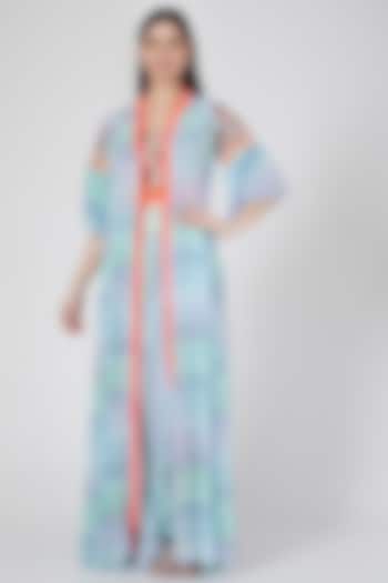 Turquoise Blue Draped Skirt Set With Cape by Saaj By Ankita