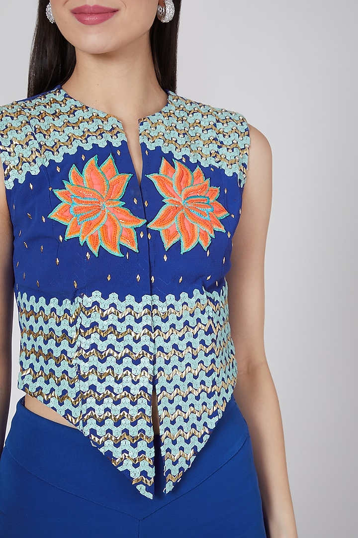 Cobalt Blue Sequins Embroidered Jacket Set by Saaj By Ankita at Pernia's Pop Up Shop