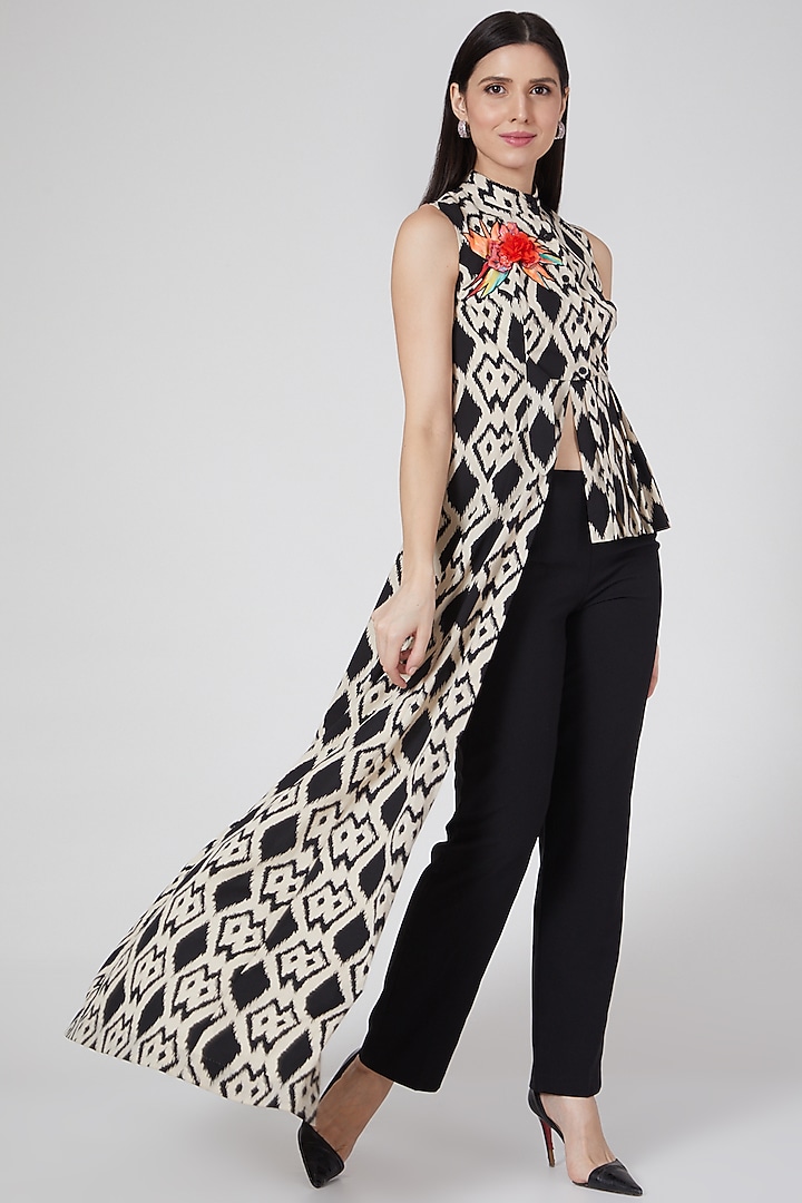 Black Ikat Printed Asymmetrical Top by Saaj By Ankita at Pernia's Pop Up Shop