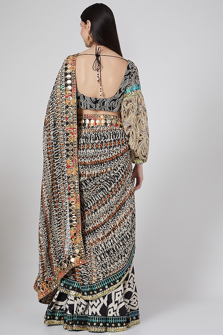 Black Ikat Printed Lehenga Wedding Saree Set by Saaj By Ankita at Pernia's Pop Up Shop