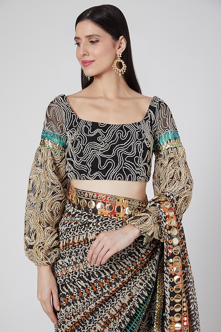 Black Ikat Printed Lehenga Wedding Saree Set by Saaj By Ankita at Pernia's Pop Up Shop