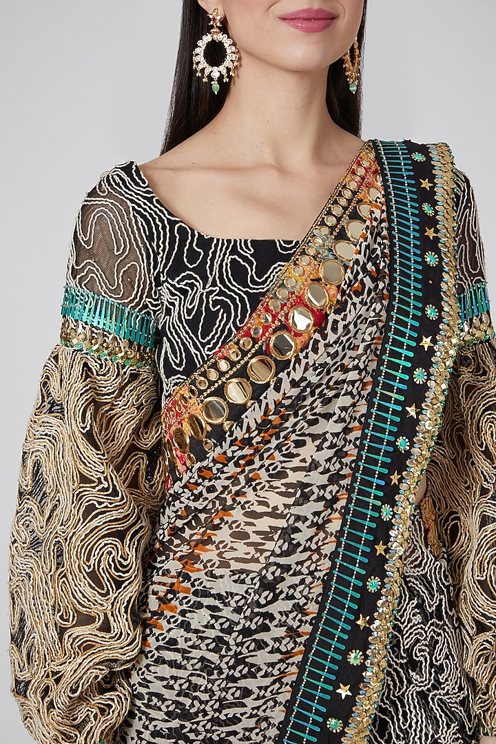 Black Ikat Printed Lehenga Wedding Saree Set by Saaj By Ankita at Pernia's Pop Up Shop