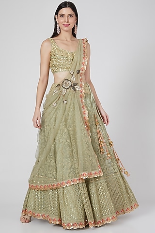 Green Embroidered Lehenga Set by Saaj By Ankita
