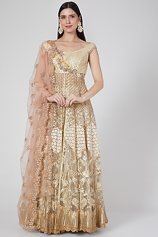 Beige Embroidered & Chevron Printed Jacket Set by Saaj By Ankita