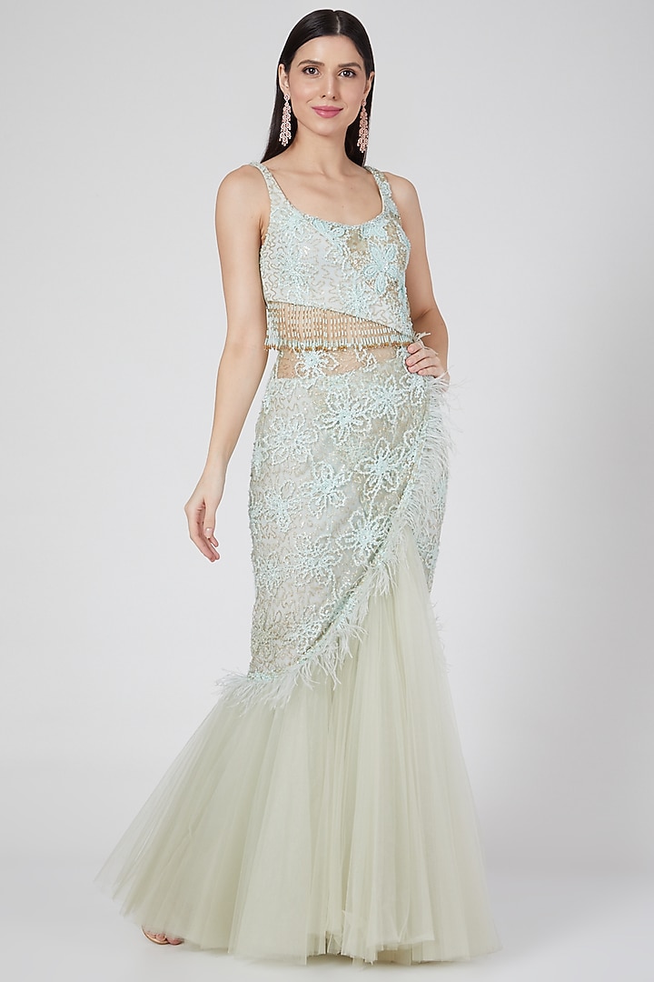 Icy Mint Blue Sequins Embroidered Engagement Gown by Saaj By Ankita at Pernia's Pop Up Shop