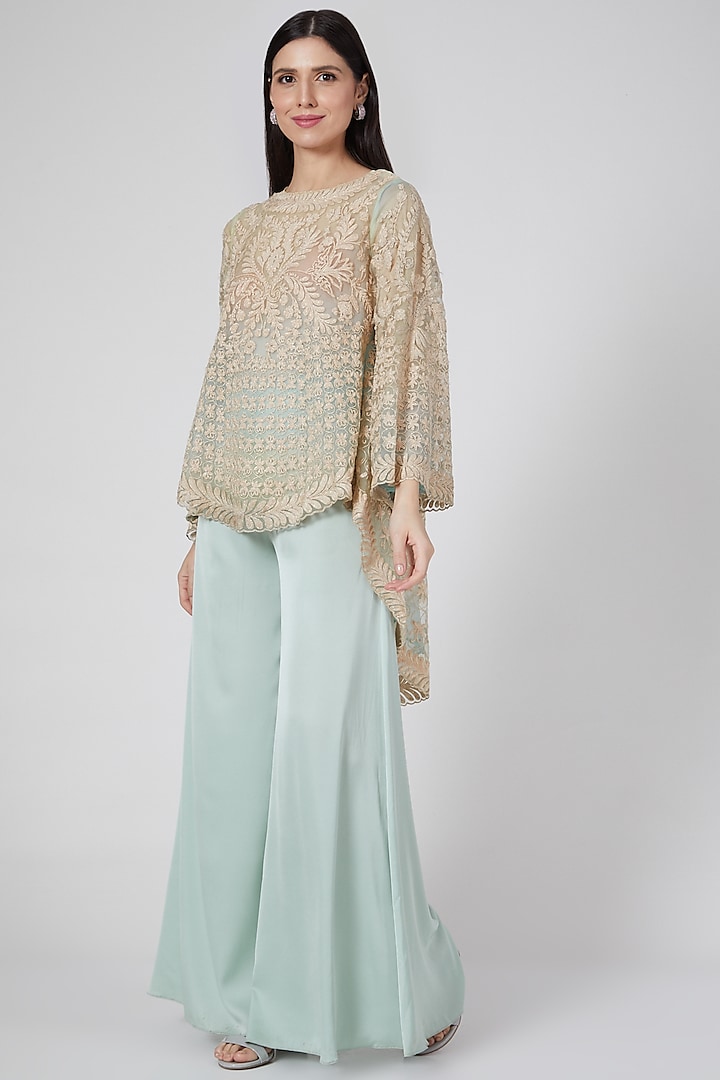 Spearmint Green Palazzo Set With Embroidered Top by Saaj By Ankita at Pernia's Pop Up Shop