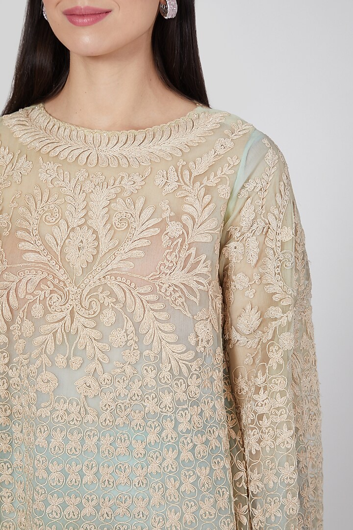 Spearmint Green Palazzo Set With Embroidered Top by Saaj By Ankita at Pernia's Pop Up Shop