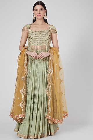 Green Chikankari Embroidered Lehenga Set by Saaj By Ankita