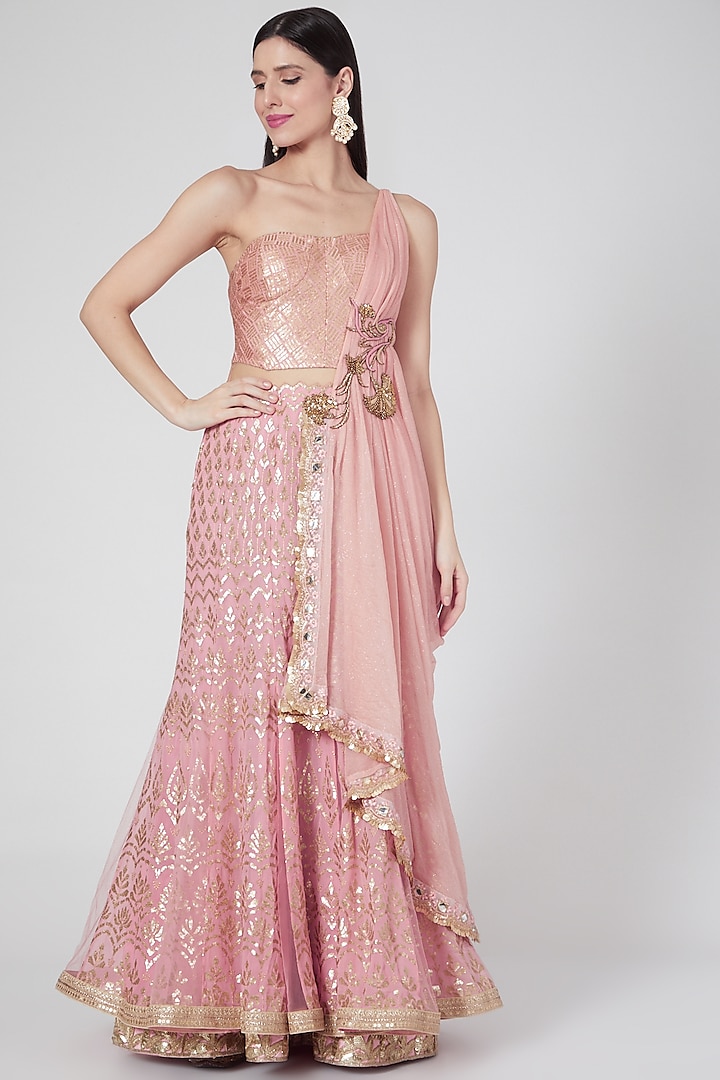 Blush Pink Embroidered Saree Gown by Saaj By Ankita