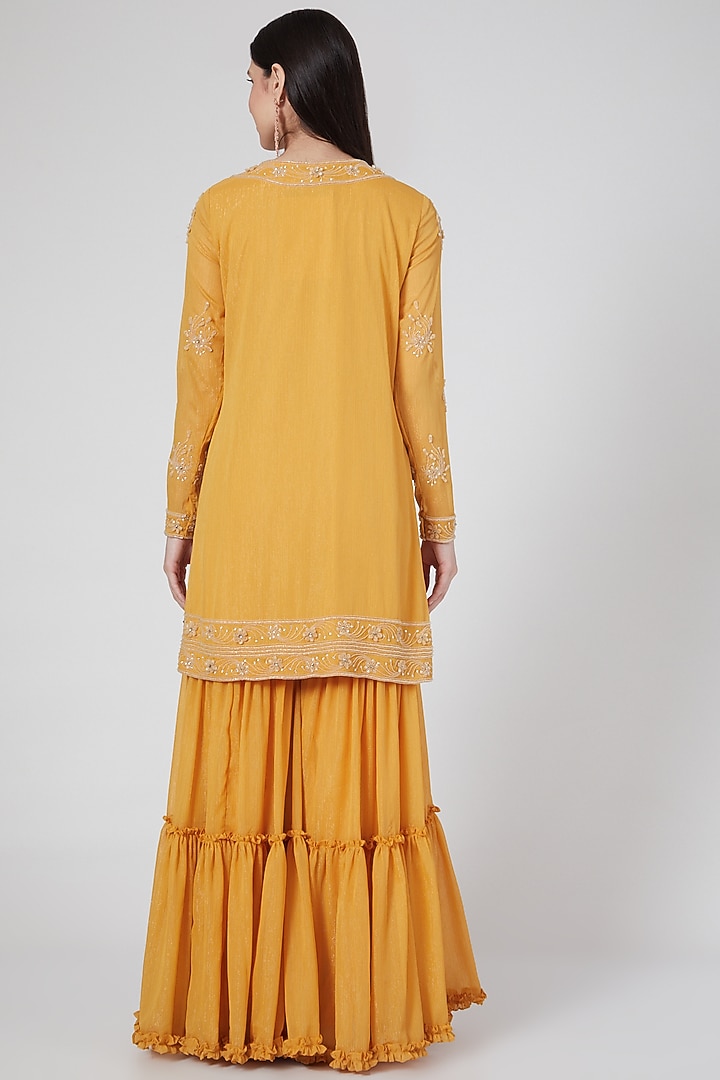 Mustard Floral Embroidered Wedding Sharara Set by Saaj By Ankita at Pernia's Pop Up Shop