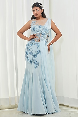 Sky Blue Chiffon & Georgette Sequins Embroidered Gown Saree by Saaj By Ankita