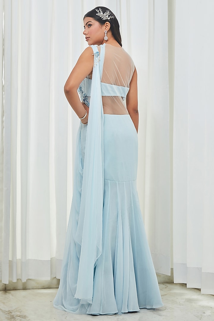 Sky Blue Chiffon & Georgette Sequins Embroidered Wedding Gown Saree by Saaj By Ankita at Pernia's Pop Up Shop