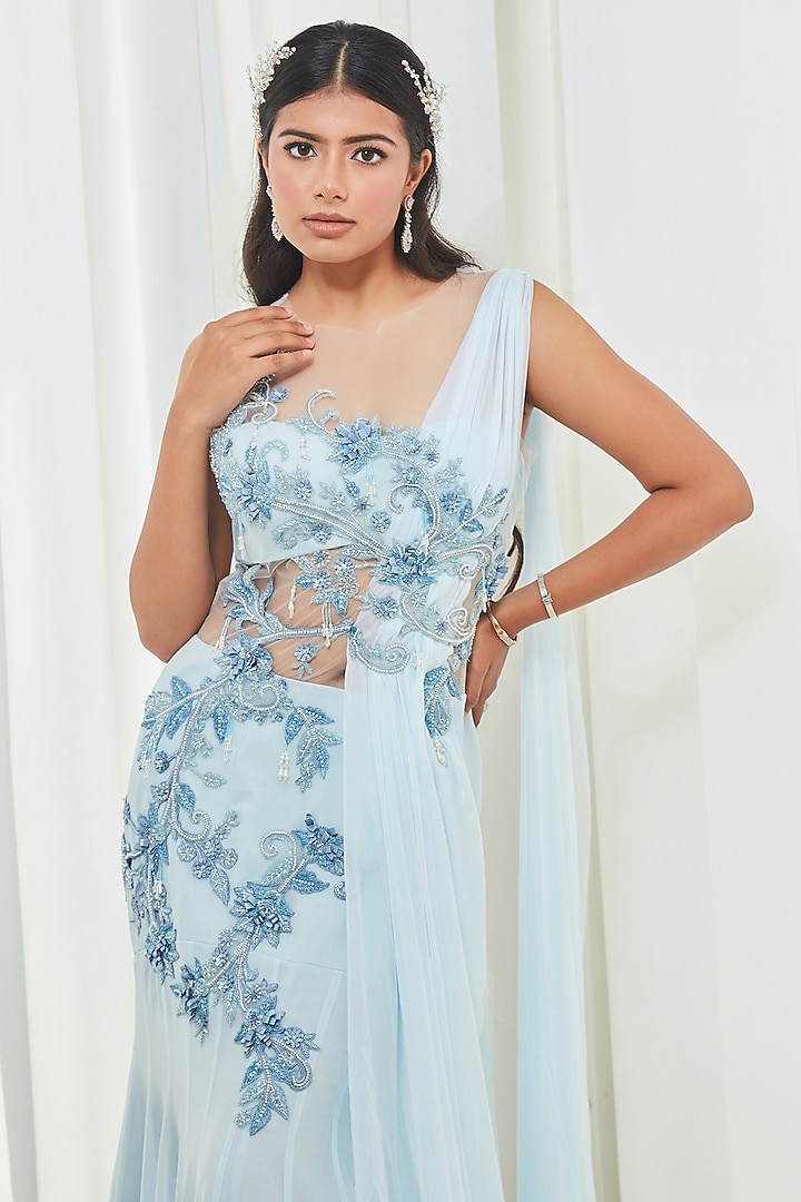 Sky Blue Chiffon & Georgette Sequins Embroidered Wedding Gown Saree by Saaj By Ankita at Pernia's Pop Up Shop