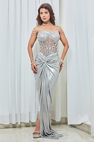 Silver Metallic Jersey & Tulle Cutdana Work Corset Gown With Scarf by Saaj By Ankita