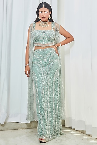 Mint Green Tulle Crystal Embroidered Jacket Lehenga Set by Saaj By Ankita