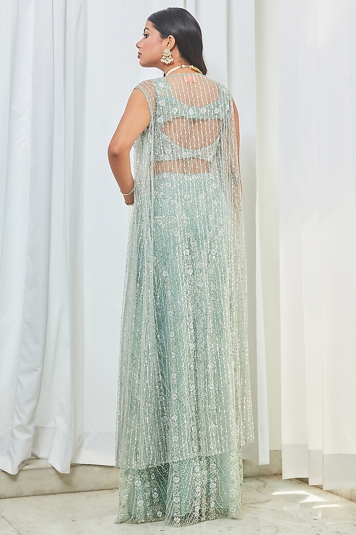 Mint Green Tulle Crystal Embroidered Jacket Bridal Lehenga Set by Saaj By Ankita at Pernia's Pop Up Shop
