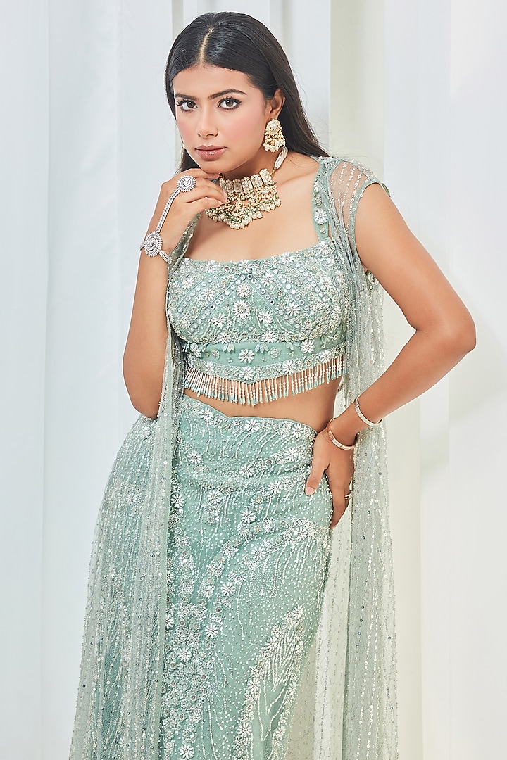 Mint Green Tulle Crystal Embroidered Jacket Bridal Lehenga Set by Saaj By Ankita at Pernia's Pop Up Shop