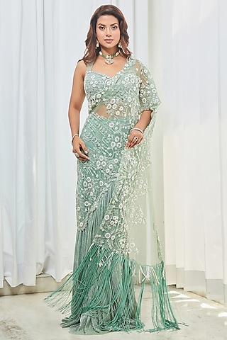 Mint Green Tulle Cutdana Embroidered Draped Saree Set by Saaj By Ankita