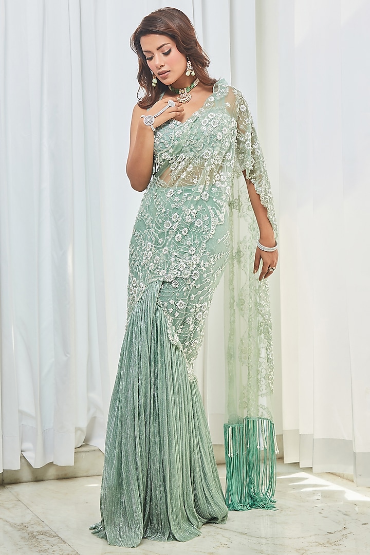 Mint Green Tulle Cutdana Embroidered Draped Reception Saree Set by Saaj By Ankita at Pernia's Pop Up Shop
