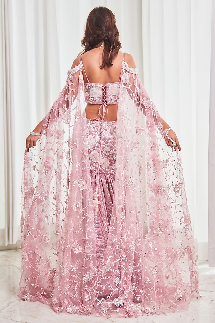 Mauve Crinkle Tulle 3D Floral Embroidered Mermaid Wedding Lehenga Set by Saaj By Ankita at Pernia's Pop Up Shop