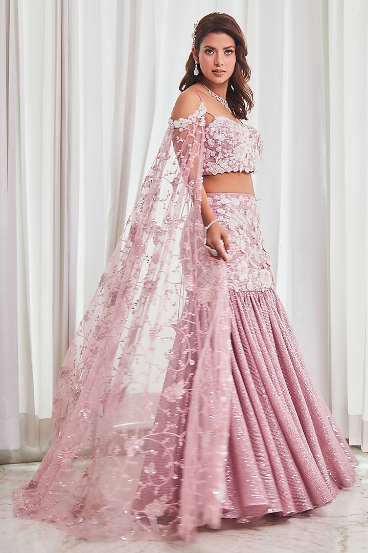 Mauve Crinkle Tulle 3D Floral Embroidered Mermaid Wedding Lehenga Set by Saaj By Ankita at Pernia's Pop Up Shop
