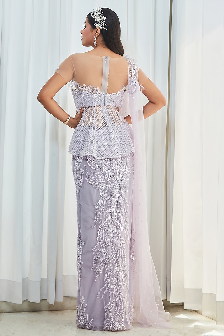 Purple Tulle Sequins & Bead Embroidered Wedding Lehenga Set by Saaj By Ankita at Pernia's Pop Up Shop