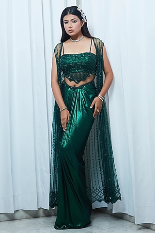 Emerald Green Metallic Jersey Skirt Set by Saaj By Ankita
