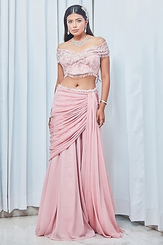 Blush Pink Metallic Georgette Draped A-Line Skirt Set by Saaj By Ankita
