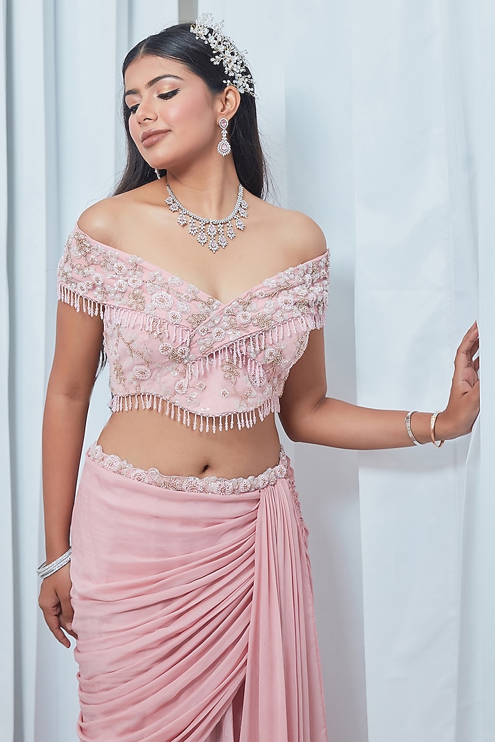 Blush Pink Metallic Georgette Draped A-Line Skirt Set by Saaj By Ankita at Pernia's Pop Up Shop