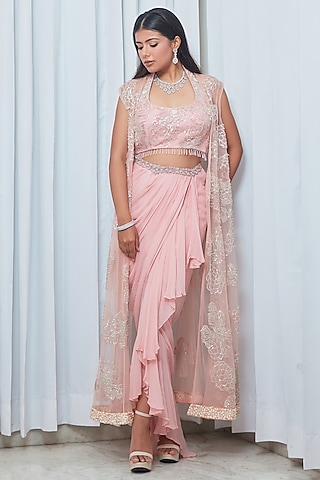 Blush Pink Tulle Floral Embroidered Cape Set by Saaj By Ankita