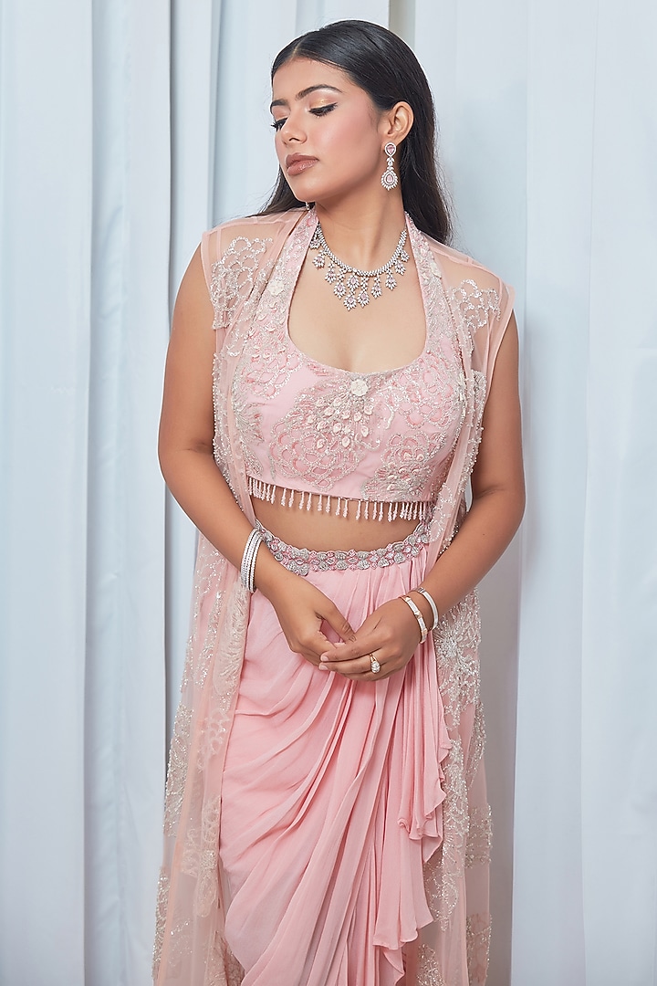 Blush Pink Tulle Floral Embroidered Cape Set by Saaj By Ankita at Pernia's Pop Up Shop