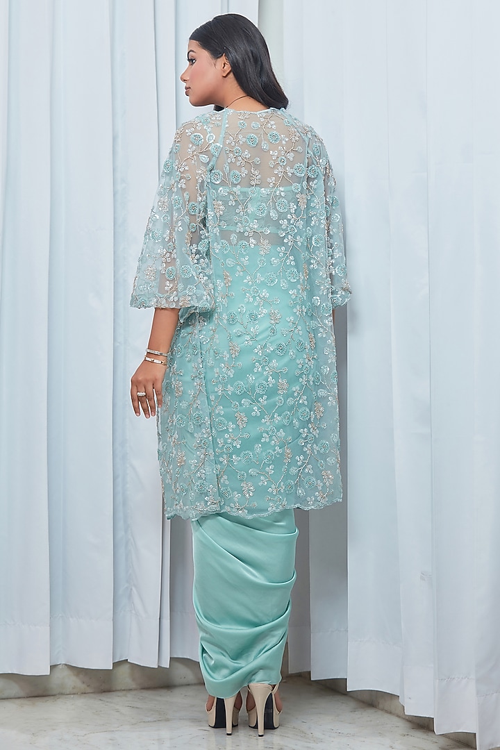 Turquoise Fluid Satin Draped Skirt Set by Saaj By Ankita at Pernia's Pop Up Shop