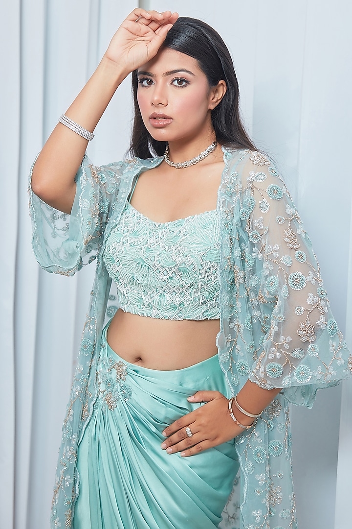 Turquoise Fluid Satin Draped Skirt Set by Saaj By Ankita at Pernia's Pop Up Shop