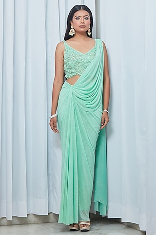 Turquoise Glitter Jersey Draped Saree Set by Saaj By Ankita
