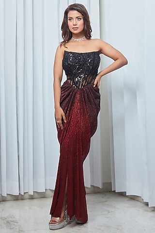 Black Ombre Metallic Crinkle Tulle Sequins Embroidered Corset Gown by Saaj By Ankita