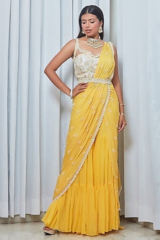 Yellow Georgette Tiered Sharara Saree Set by Saaj By Ankita
