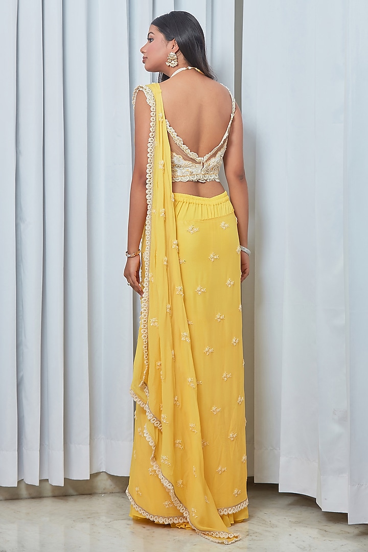 Yellow Georgette Tiered Sharara Wedding Saree Set by Saaj By Ankita at Pernia's Pop Up Shop