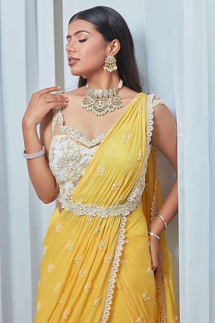 Yellow Georgette Tiered Sharara Wedding Saree Set by Saaj By Ankita at Pernia's Pop Up Shop